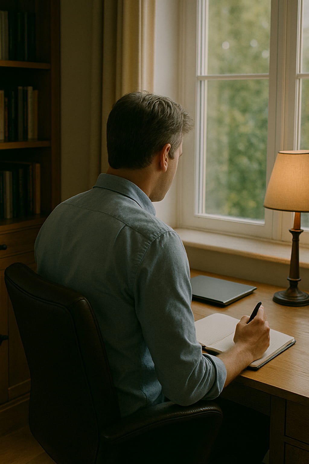 A man sitis at his desk pausing from writing in his journal.